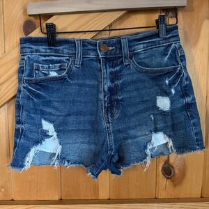 SO Mom Shorts Blue Distressed High Rise Denim Frayed Cutoff Grunge Junior 5/27W